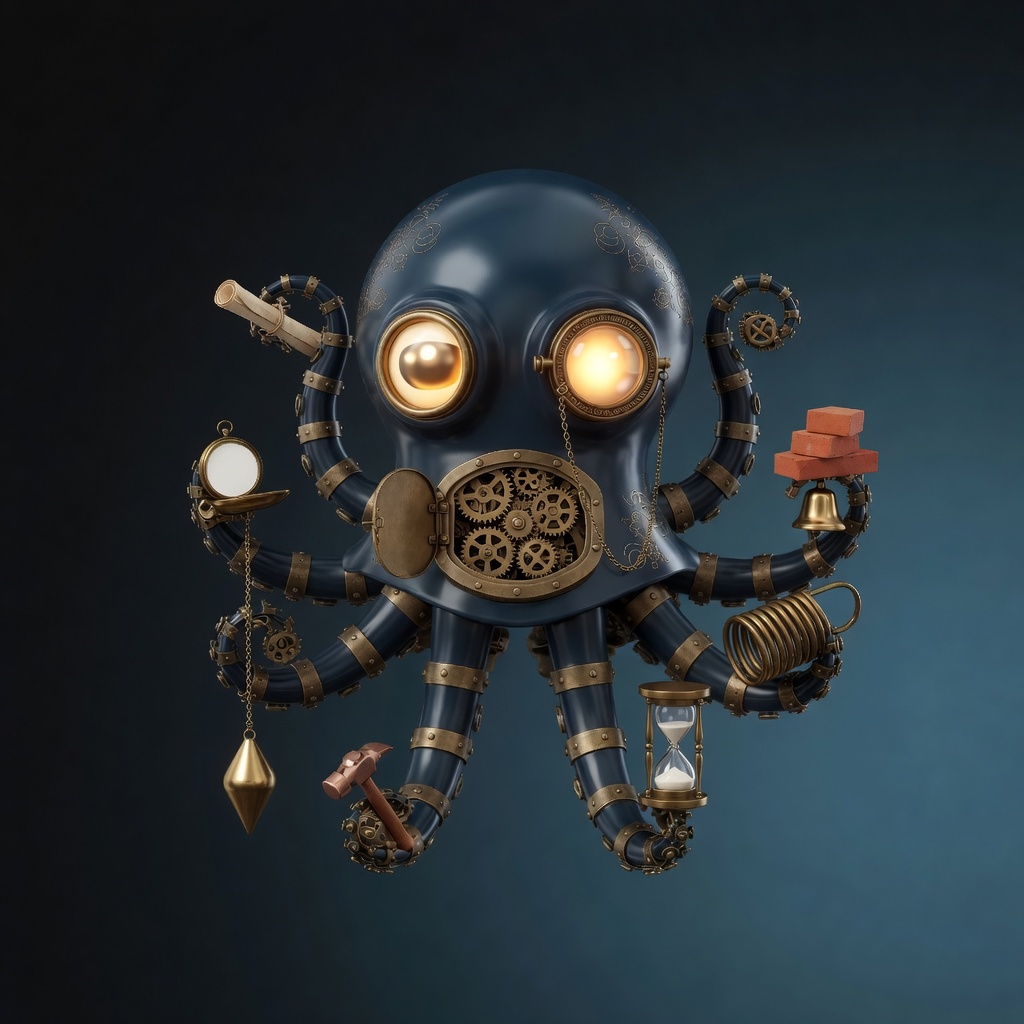 Producer / Clocktopus, Production and multi-lane coordination, shown as a Clockwork Fam identity portrait on a dark studio background.